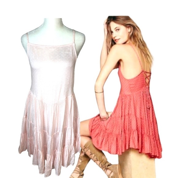 Free People Rare Circle of Flowers Pink Slip Dress Lace Up Back - Picture 1 of 6